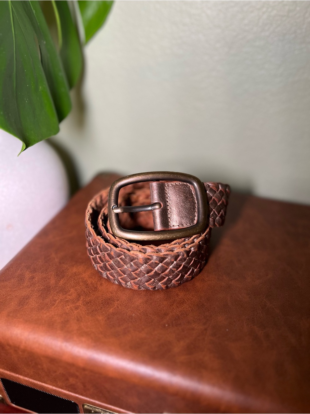 Vintage Fossil Metallic Bronze Woven Leather Belt Size Medium Boho Y2K Wide